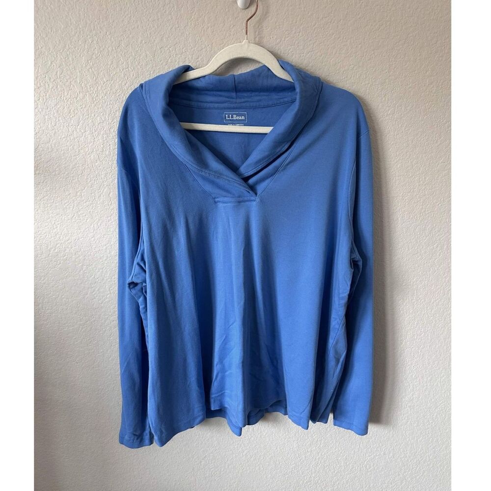 LL Bean Womens 3X Blue Long Sleeve Shawl Collar Cowl Neck Knit Pullover Top